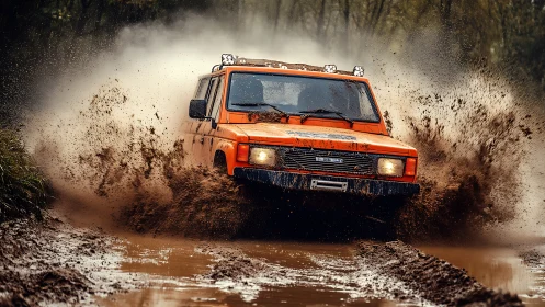 Mud-slinging orange off-road beast carving a wild trail.