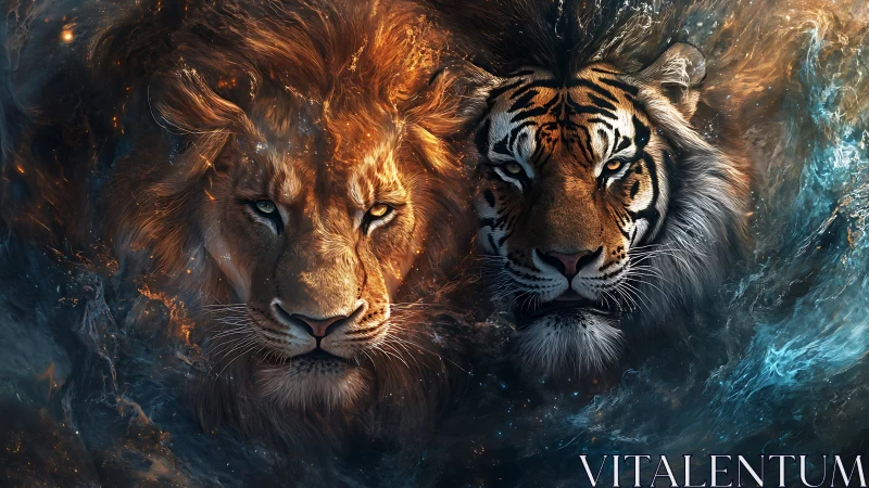 Leonine and Tigrine Apex Predators: Rendered Majesty with Volumetric Fire Dynamics