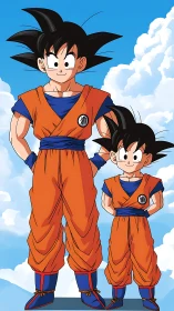 Playful martial arts duo stands proudly under bright skies