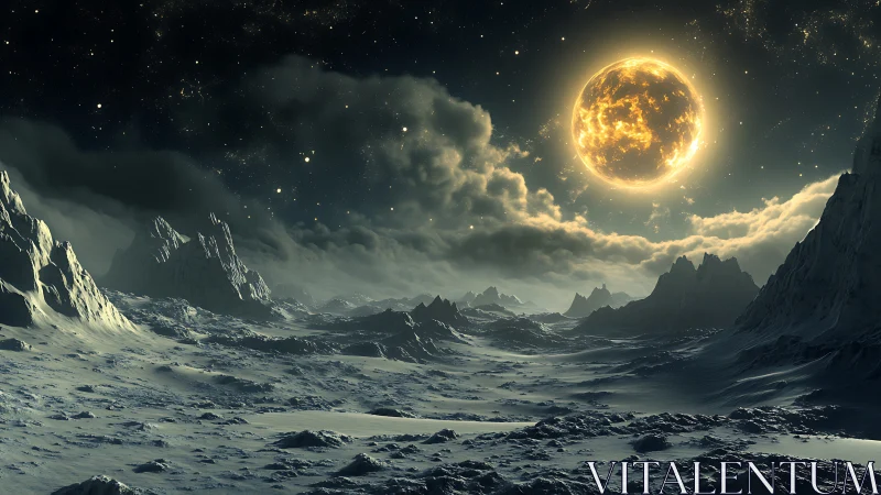 Frozen alien valley under blazing molten moonlit sky.