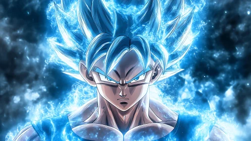 Blazing blue‑haired warrior glowing with fierce cosmic power.