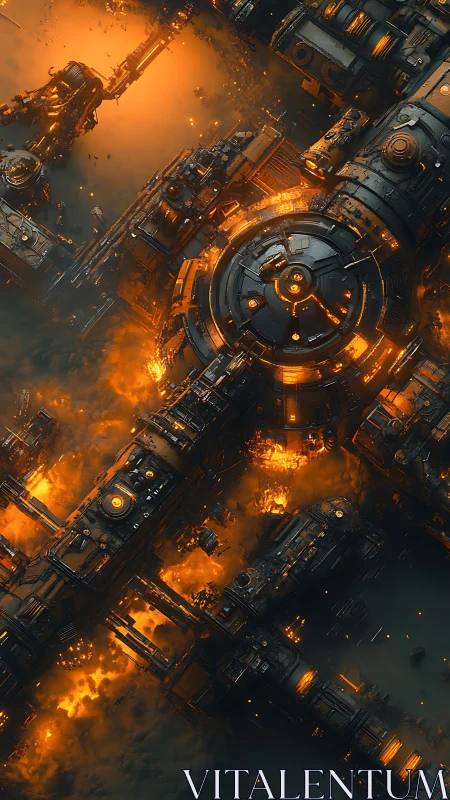 Massive orbital space station engulfed in explosive fire