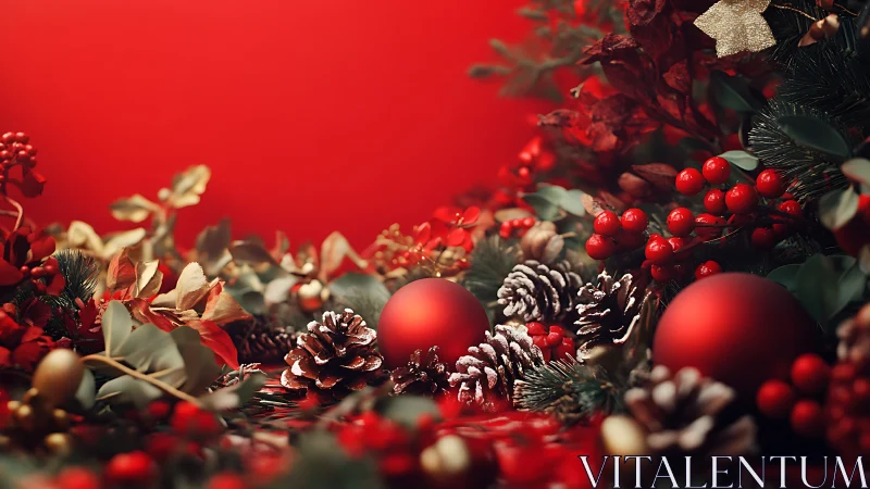 Festive red Christmas ornaments rest among pine and berries.