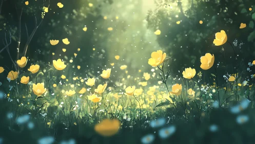 Sunlit yellow wildflower meadow with drifting petals.