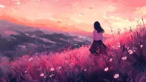 Solitary girl surveys pink valley beneath luminous sunset