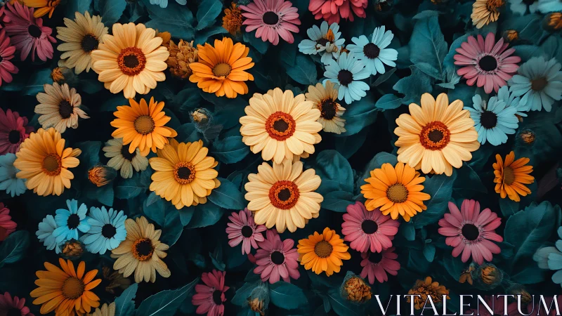 Colorful Gerbera Daisies Against Dark Foliage.
