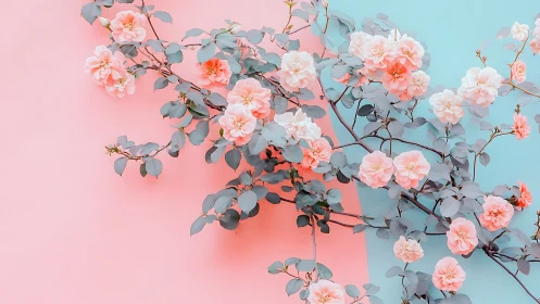 Pastel rose branch against split pink and cyan background