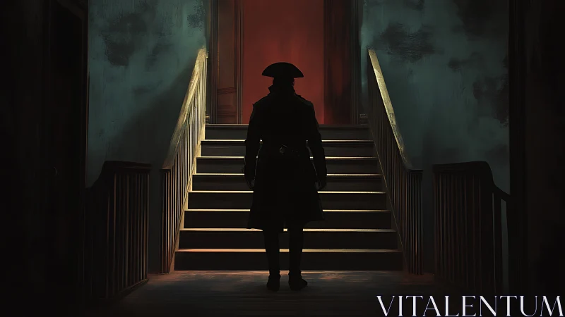 Silhouetted officer ascends dim stairway toward red door