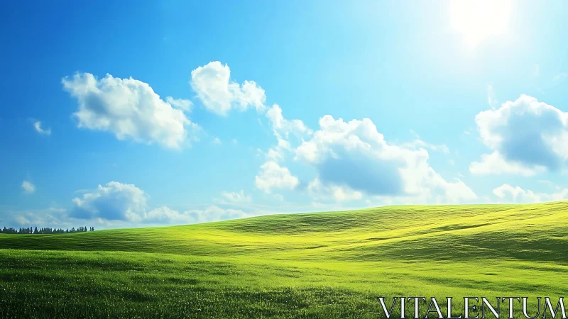 Sunlit green hillside stretches under wide blue sky