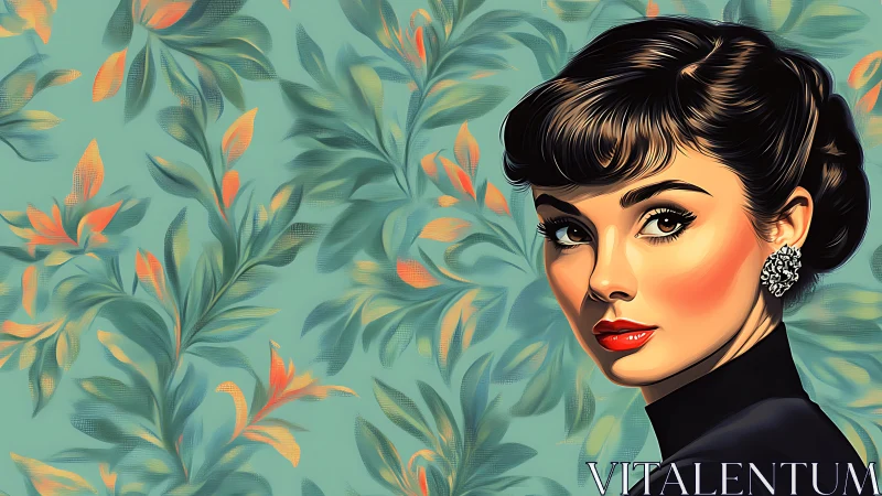 Graceful vintage woman gazes softly against floral teal backdrop