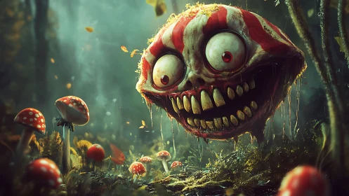 Grotesque striped skull-entity hovering in bioluminescent forest.