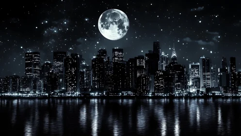 Nocturnal city skyline under lunar-lit waterfront reflection.
