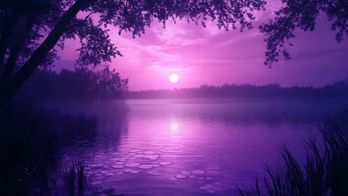 Magenta dusk sun over tranquil forest lake reflections.