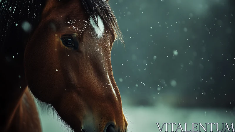 Photorealistic close-up of a bay horse in falling snow portrait.