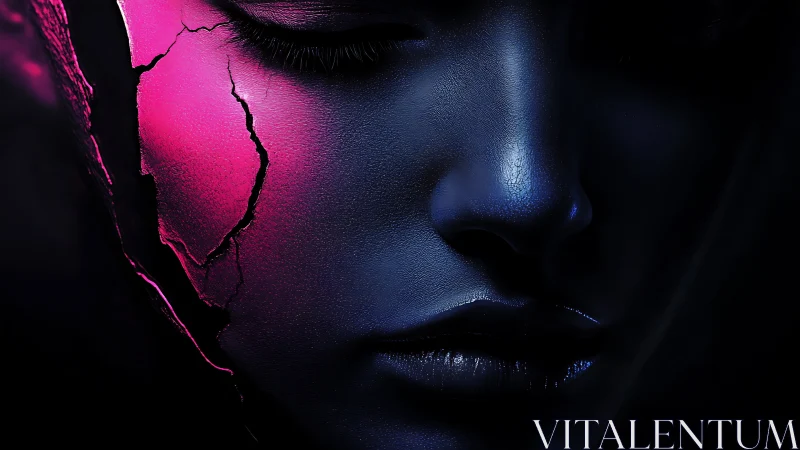Cracked neon face in dark moody digital portrait art.