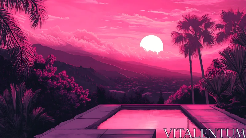 Neon sunset poolside escape over dreamy pink hills.