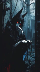 Red-eyed horned figure crouches in rain-soaked cyberpunk alley