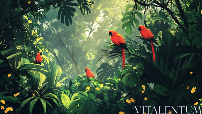 Scarlet parrots rest amid dense sunlit tropical foliage