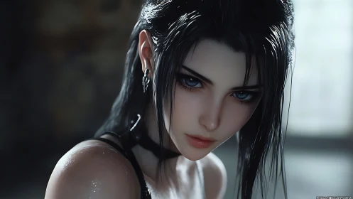 Brooding warrior girl meets your gaze with quiet intensity