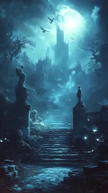 Moonlit gothic staircase leading toward distant castle.