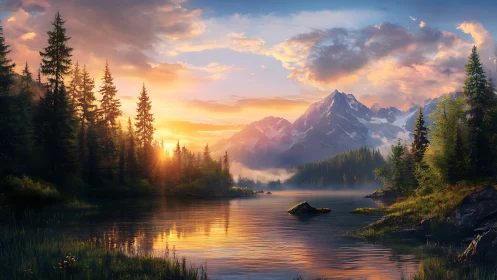Digital painting of alpine lake sunset with conifer silhouettes.