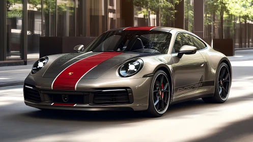 Sporty silver coupe with red racing stripe in city street.