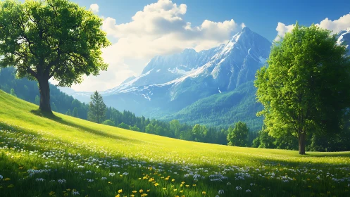 Sunlit alpine meadow dreaming beneath crystalline peaks.