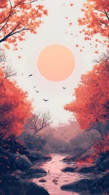 Autumnal riparian corridor under diffused solar disc glow.