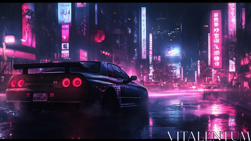 Neon night drive with a sleek street racer in the rain.
