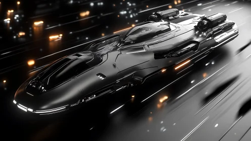 Aerodynamic black hovercraft with emissive thrusters in motion blur