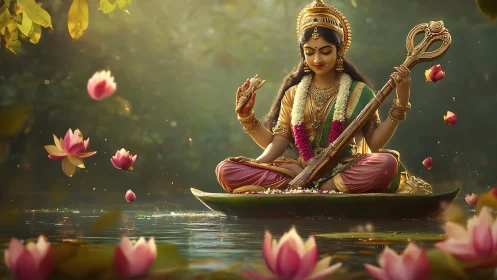 Lotus lake hushes as serene goddess strums sunrise light