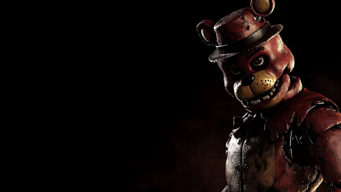 Shadowy animatronic bear leans forward with eerie charm