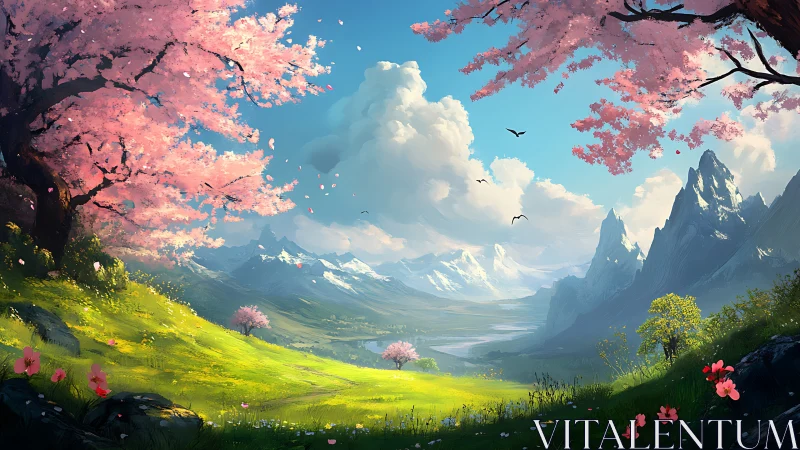 Springlit valley unfolds beneath snowy mountains and blossoms