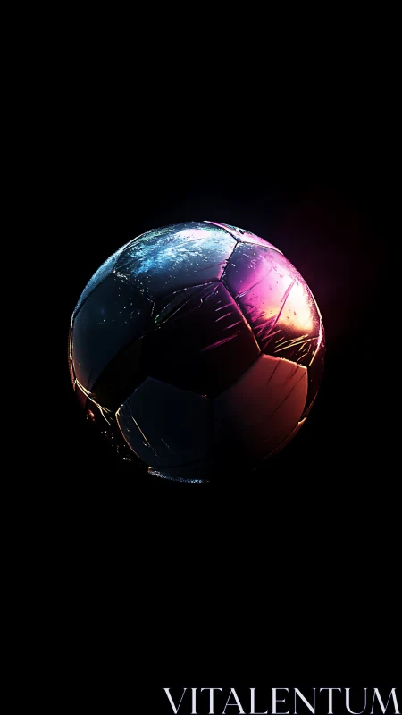 Neon lit soccer ball isolated against dark black background.