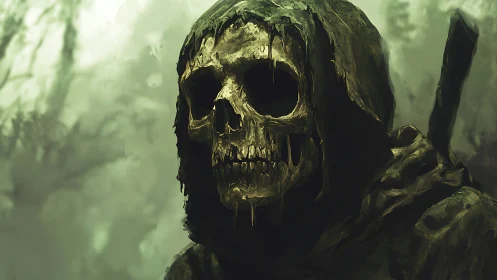 Shrouded skeletal wanderer waits quietly in a misty forest