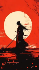 Silhouetted samurai with dual swords before large white sun.