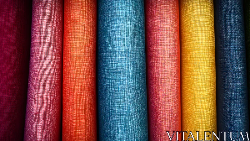 Color-saturated textile rolls show tight woven grid texture.