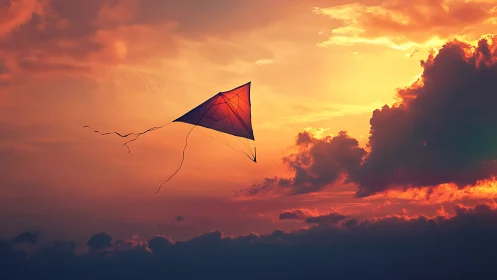 Solitary kite in flight against layered sunset sky.