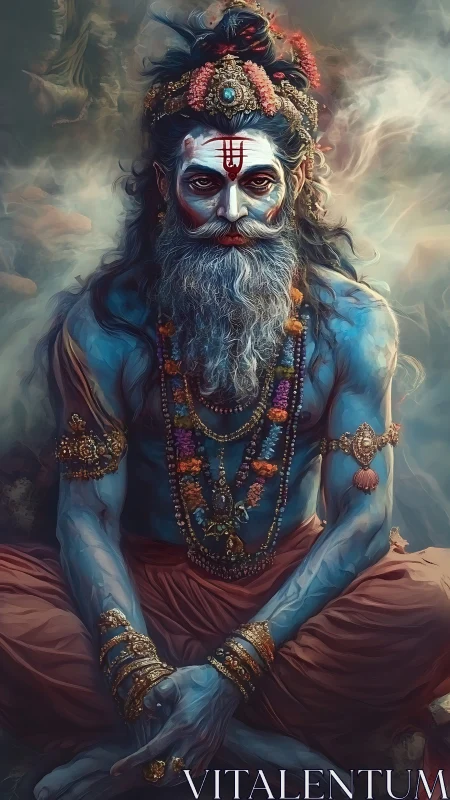 Blue-skinned ascetic rendered in high-detail digital painting with ornate jewelry