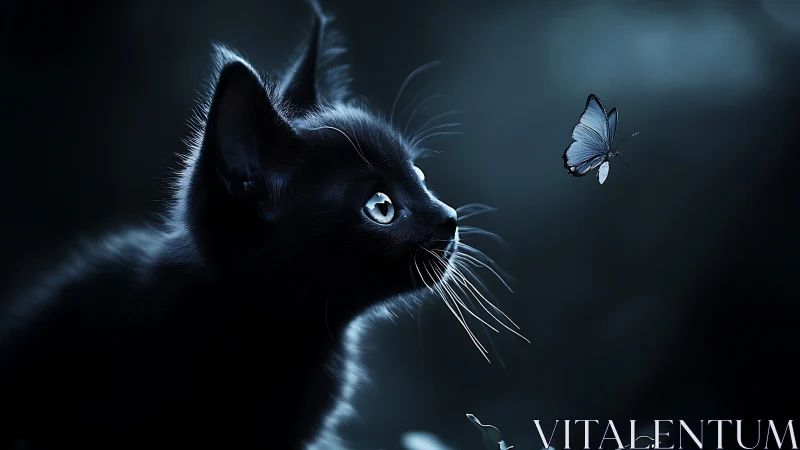 Obsidian Gaze: Black Cat Pursues Ethereal Butterfly.