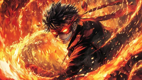 Masked figure controls surrounding flames in dynamic motion