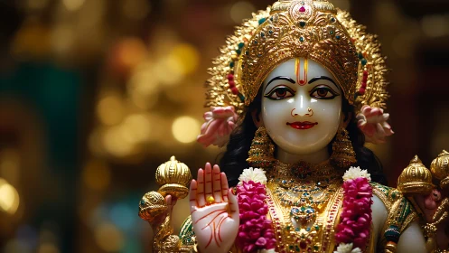 Gilded Hindu deity statue holds blessings in warm temple light