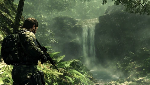 Tactical soldier surveys rainy jungle waterfall environment