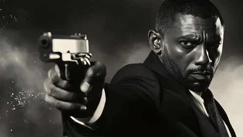 Intense suited man aiming handgun at viewer in smoke-filled scene.