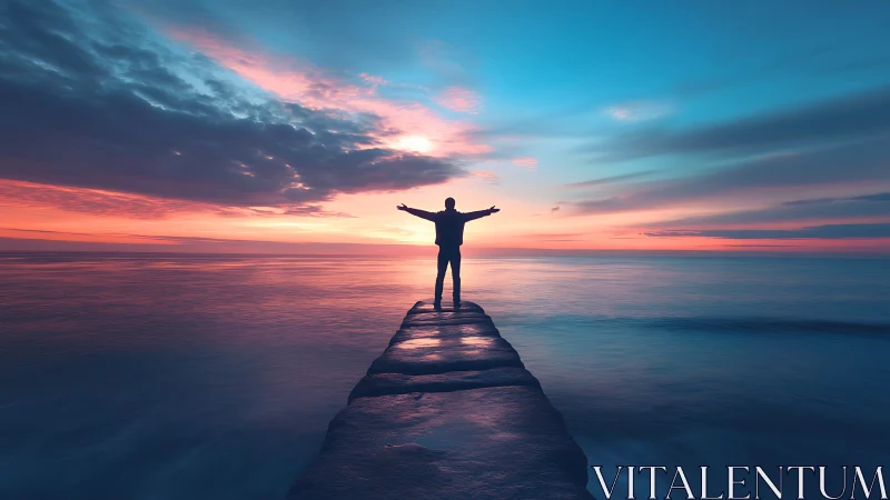 Silhouette on coastal pier aligned with symmetric sunset horizon.