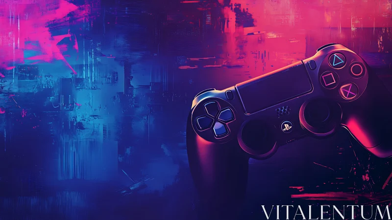 Neon-lit game controller rests in a bold abstract haze.