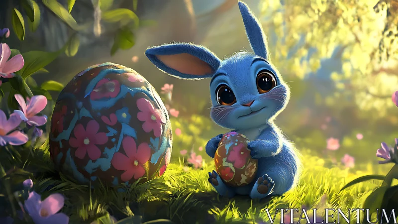 Bright-eyed blue bunny cradles painted eggs in spring glade.