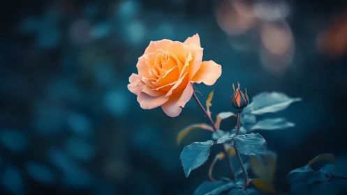 Coral Rose Blooms Against Twilight Mystery.