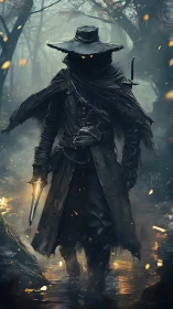 Hooded cloaked figure walks through misty forest water