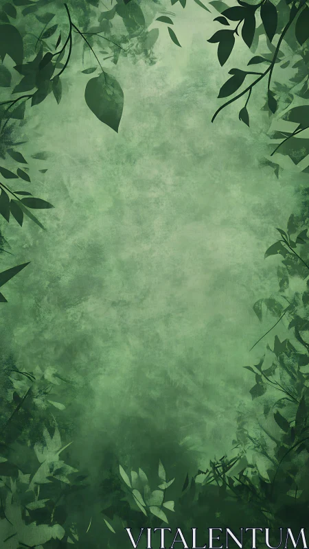 Vertical botanical frame with layered foliage silhouettes.